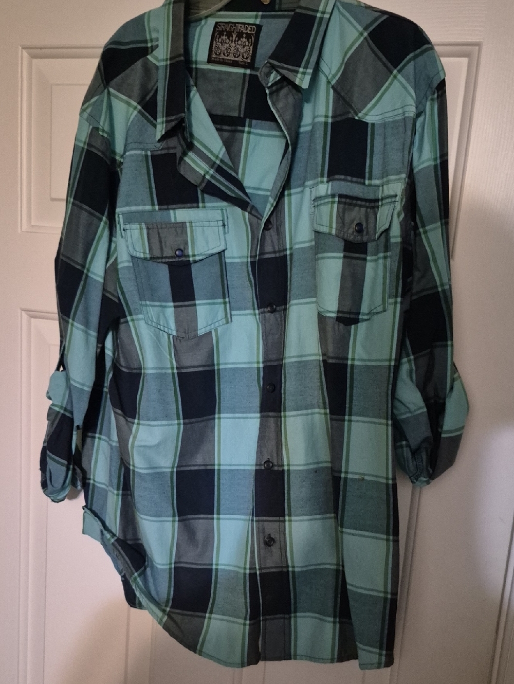 Men's Teal and Black Plaid Button-Up Shirt